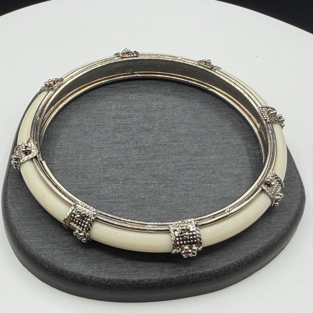 Cream Resin Silver Tone Ornate Bangle Bracelet Boho Statement Costume Jewelry